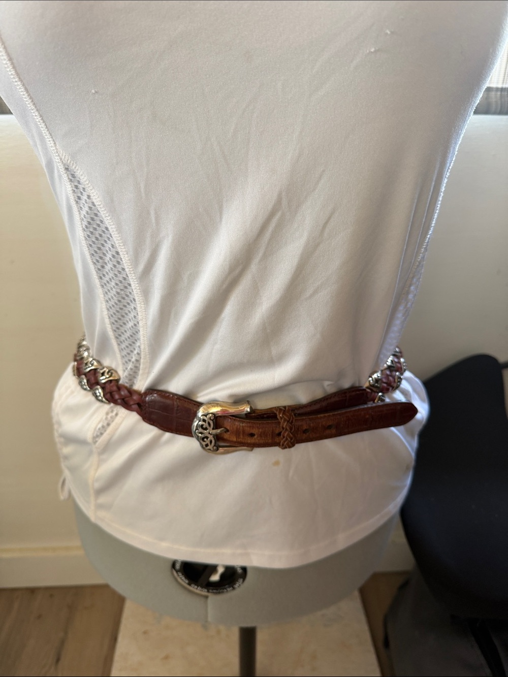 Brighton Brown Leather Braided Belt with Silver-Tone Chain Accents